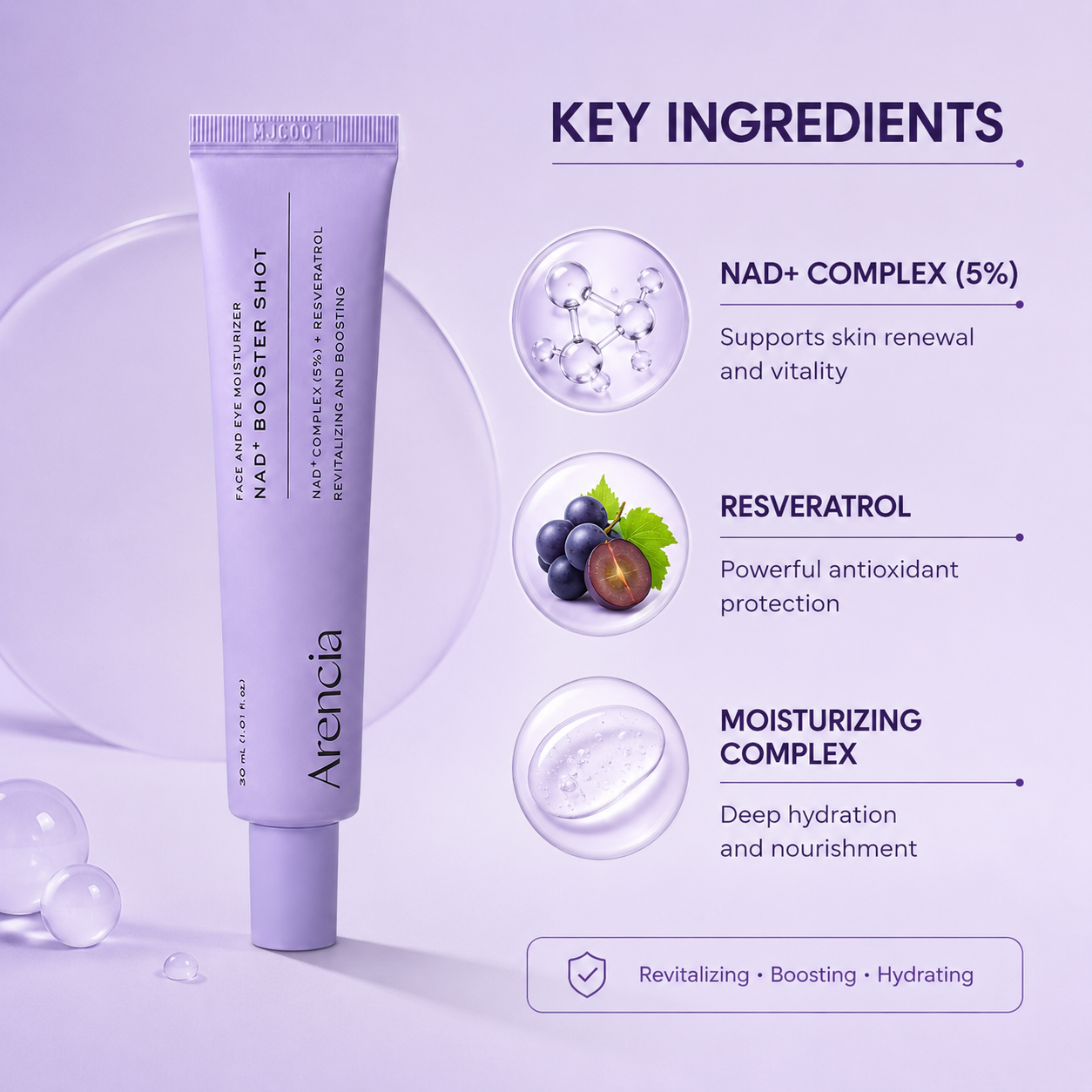 Arencia NAD+ Booster Shot Face And Eye Moisturizer 30ml for deep hydration and skin barrier support for dry skin