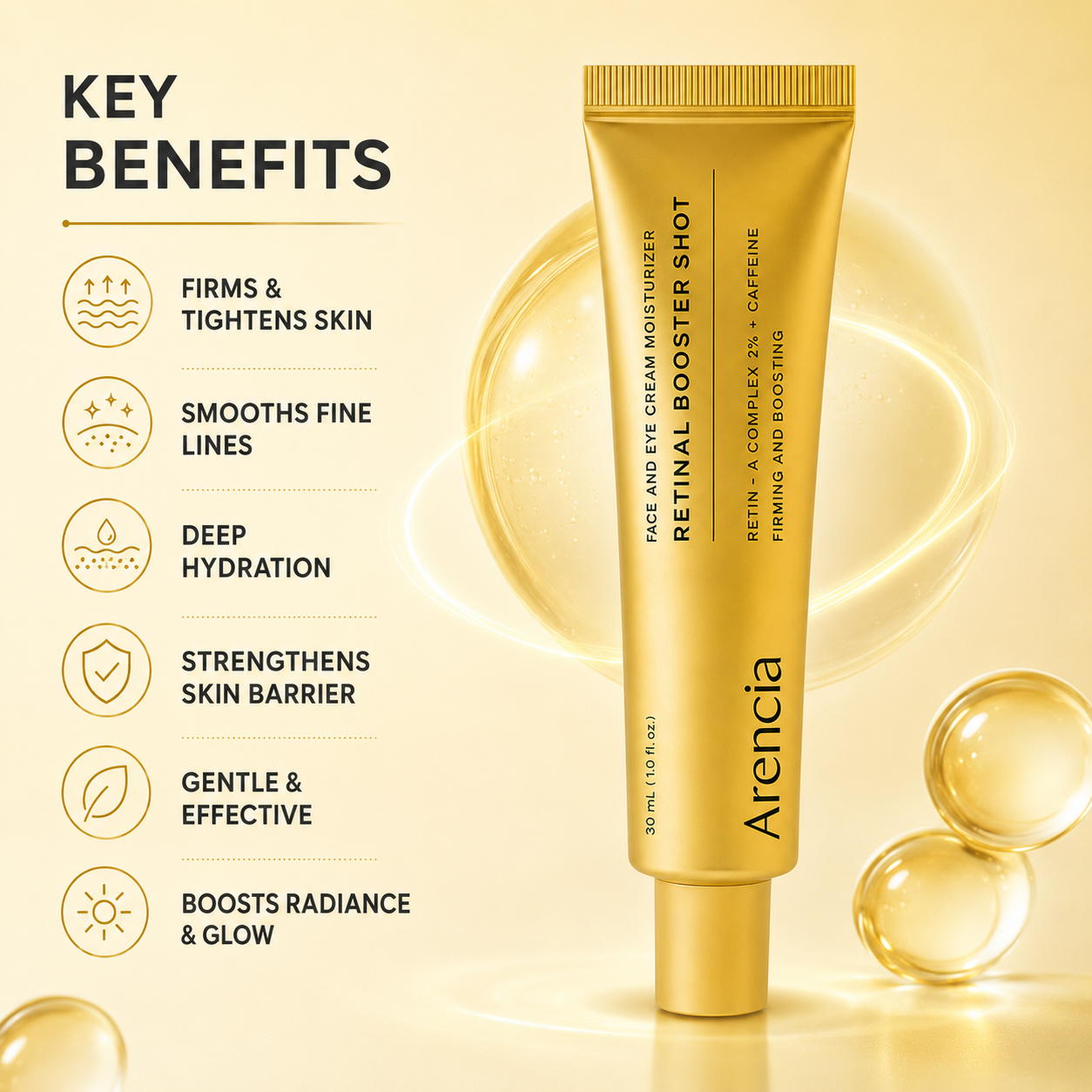 Arencia Retinal Booster Shot Face And Eye Cream Moisturizer 30ml, retinal face and eye cream that helps firm skin and reduce fine lines.