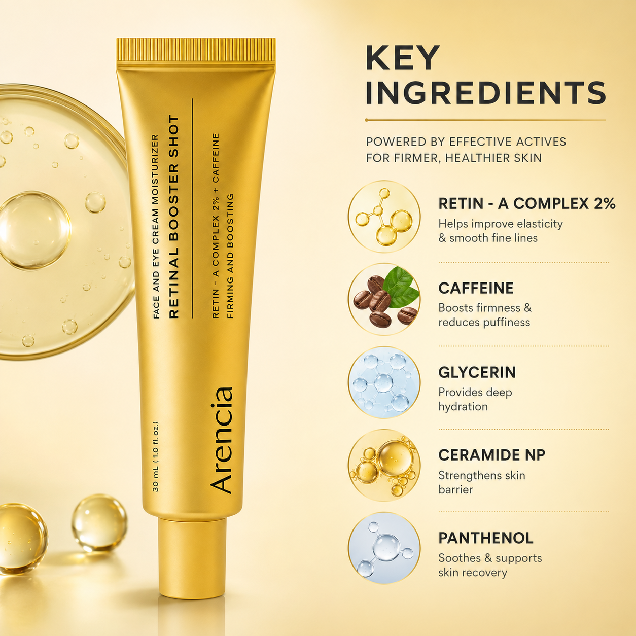 Arencia Retinal Booster Shot Face And Eye Cream Moisturizer 30ml, retinal face and eye cream that helps firm skin and reduce fine lines.