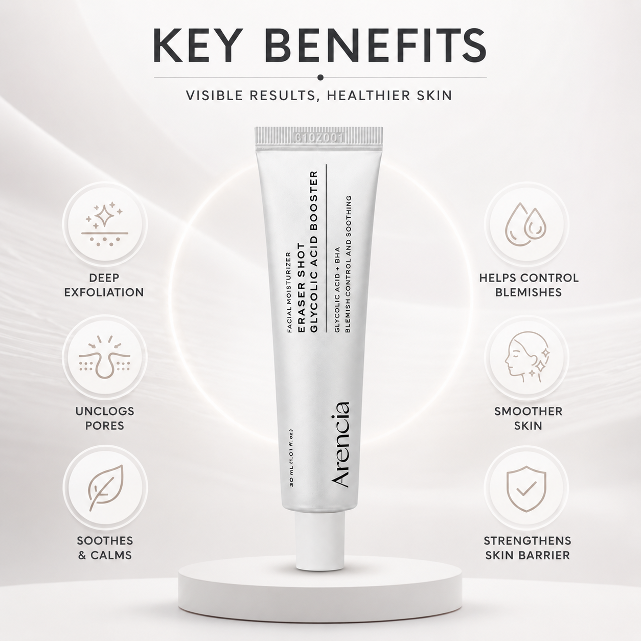 Arencia Eraser Shot Glycolic Acid Booster 30ml exfoliating face moisturizer for blemish control and smoother skin texture