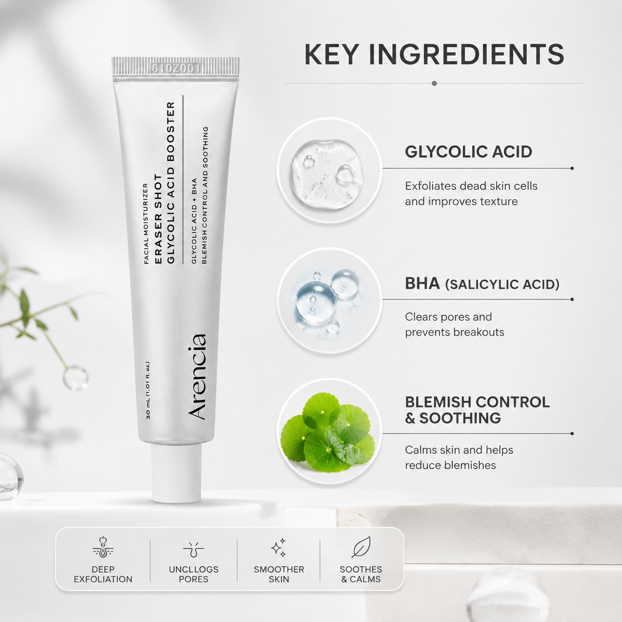 Arencia Eraser Shot Glycolic Acid Booster 30ml exfoliating face moisturizer for blemish control and smoother skin texture