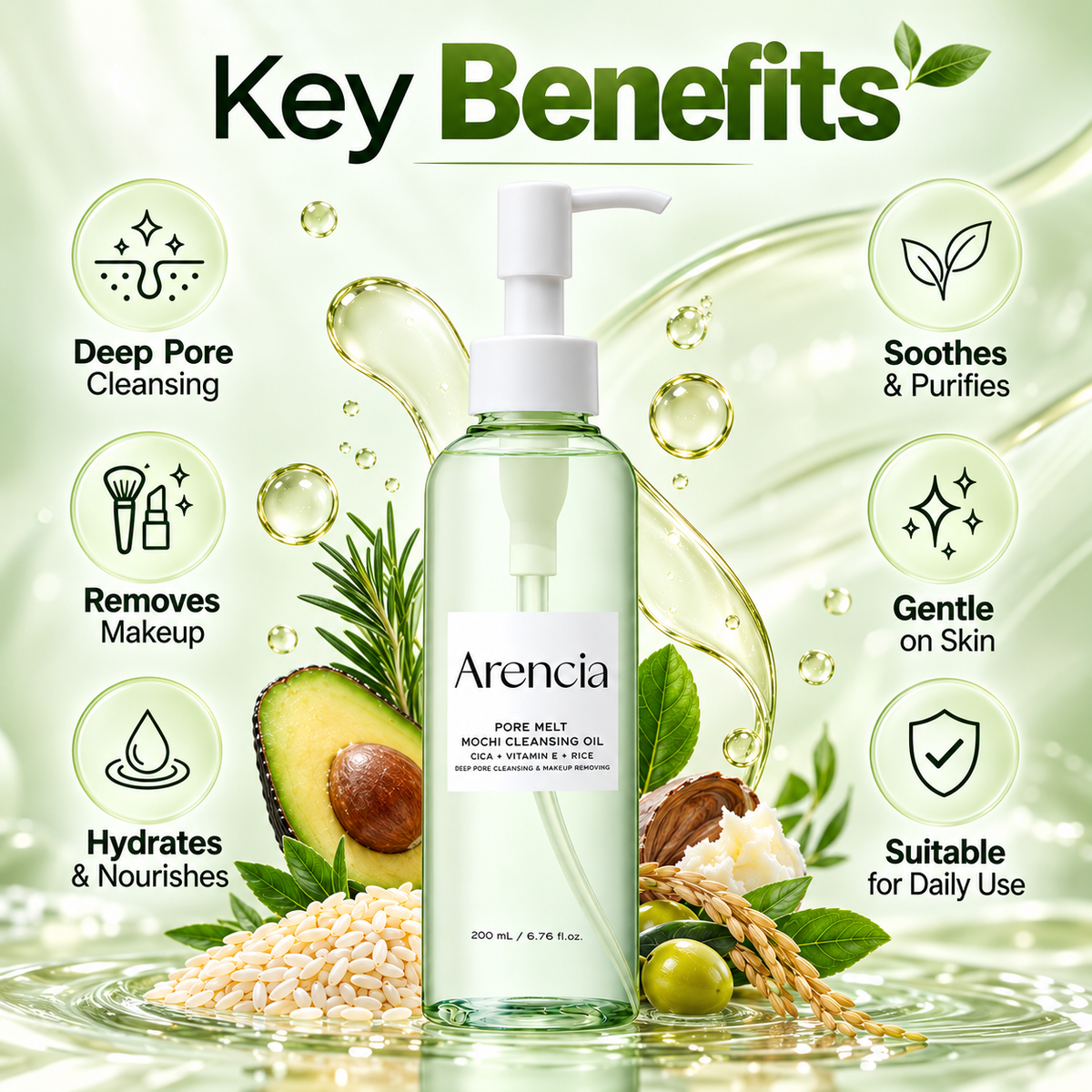 Arencia Pore Melt Mochi Cleansing Oil facial cleanser 200ml for removing makeup, sunscreen and daily impurities.