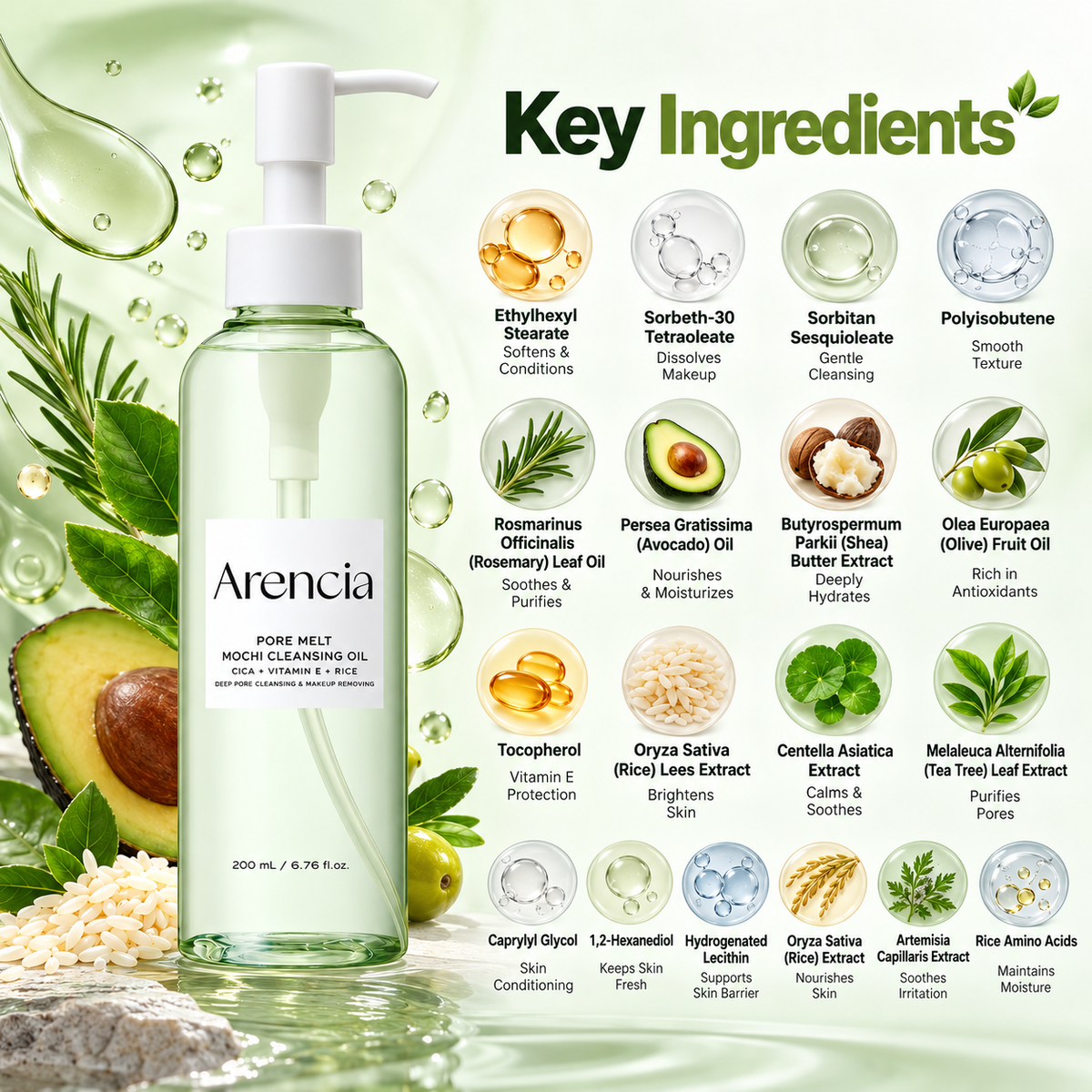 Arencia Pore Melt Mochi Cleansing Oil facial cleanser 200ml for removing makeup, sunscreen and daily impurities.