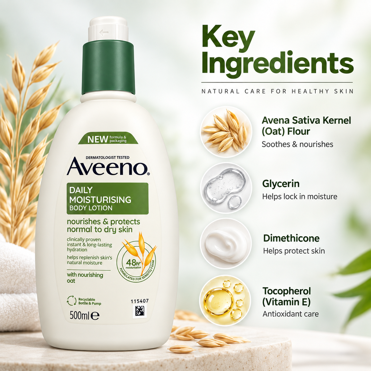 Aveeno Daily Moisturising Body Lotion 500ml for normal to dry skin with 48-hour moisturisation