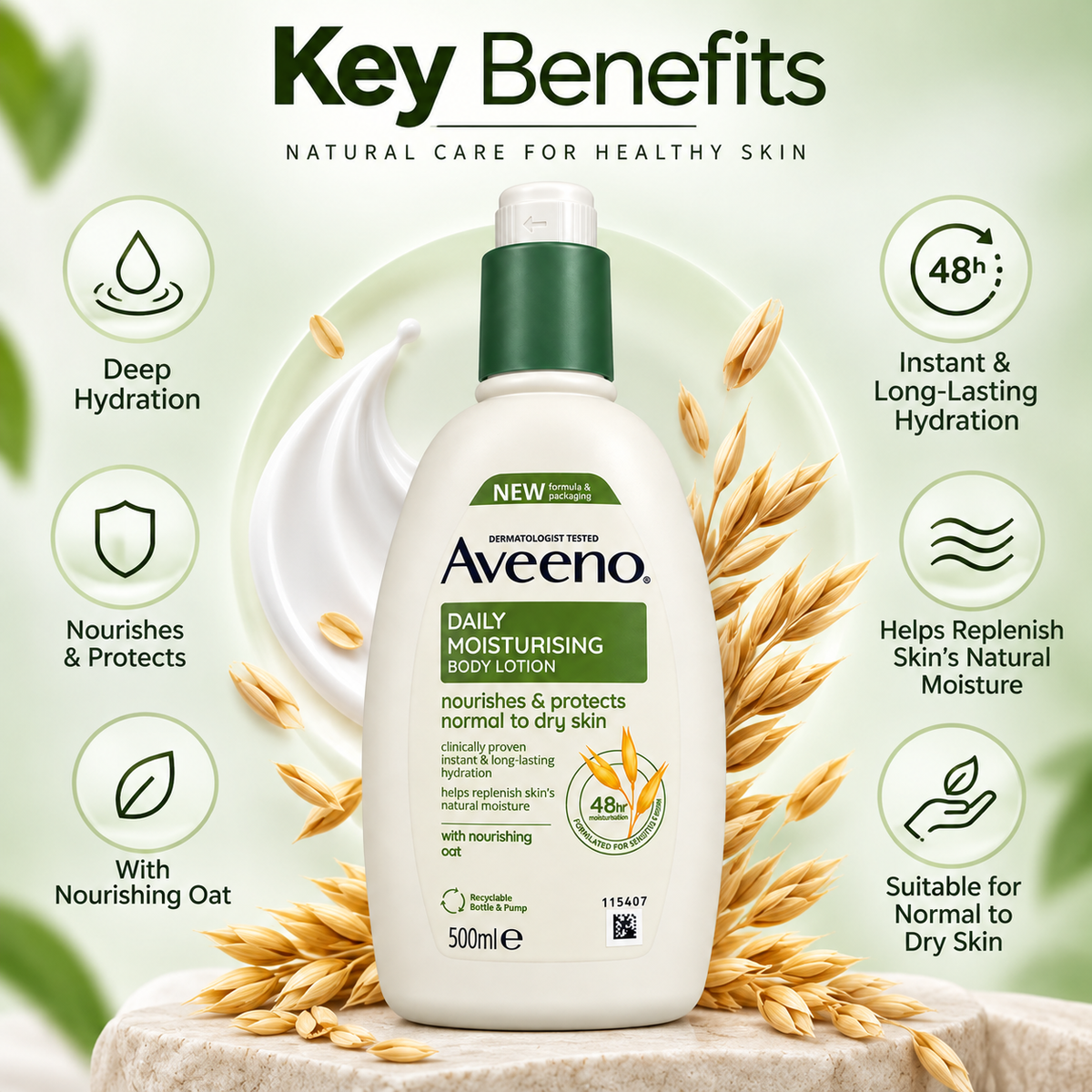 Aveeno Daily Moisturising Body Lotion 500ml for normal to dry skin with 48-hour moisturisation