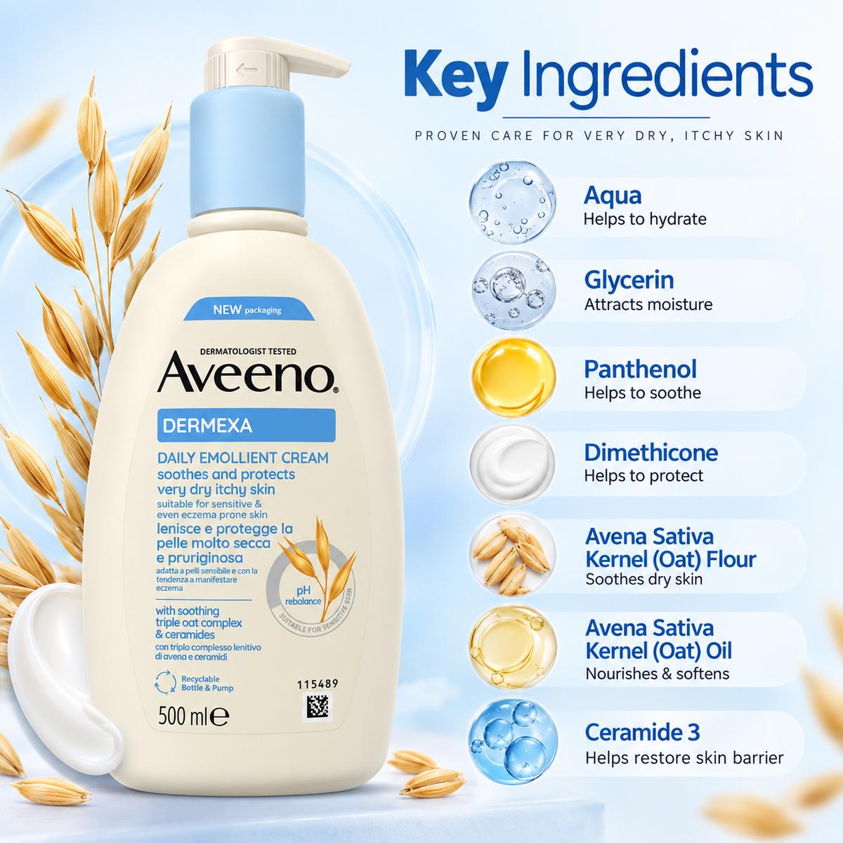 Aveeno DERMEXA Daily Emollient Cream body moisturizer 500ml for very dry, itchy and sensitive skin