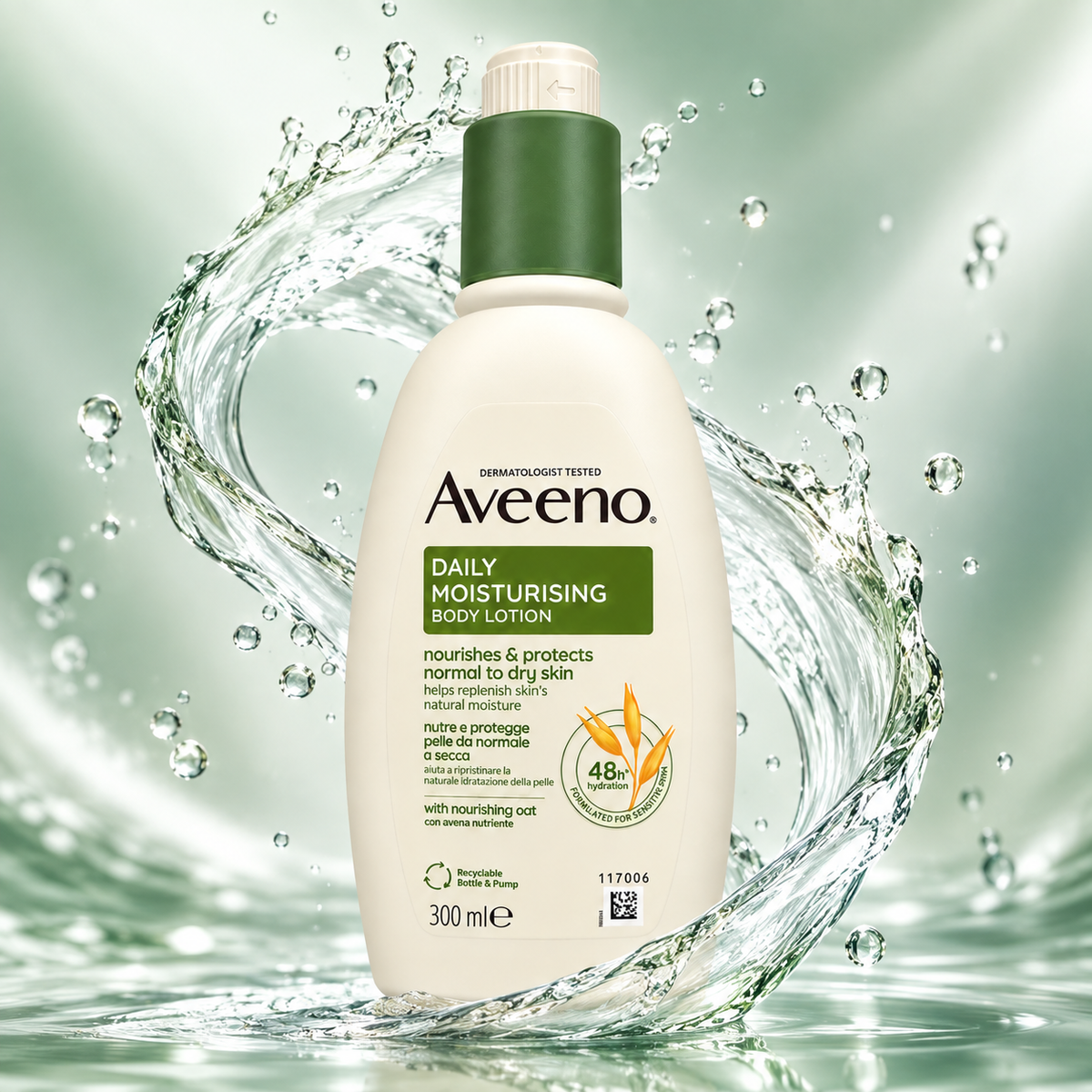 Aveeno Daily Moisturising Body Lotion 300ml, body lotion for normal to dry skin with 48-hour moisture and nourishing oat.