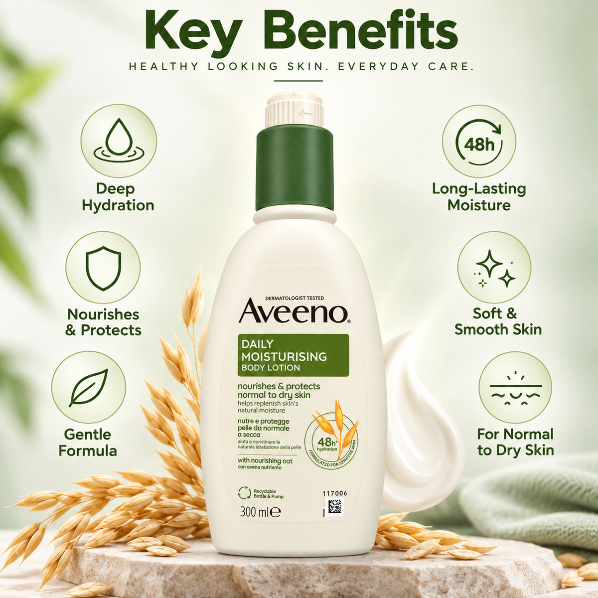 Aveeno Daily Moisturising Body Lotion 300ml, body lotion for normal to dry skin with 48-hour moisture and nourishing oat.