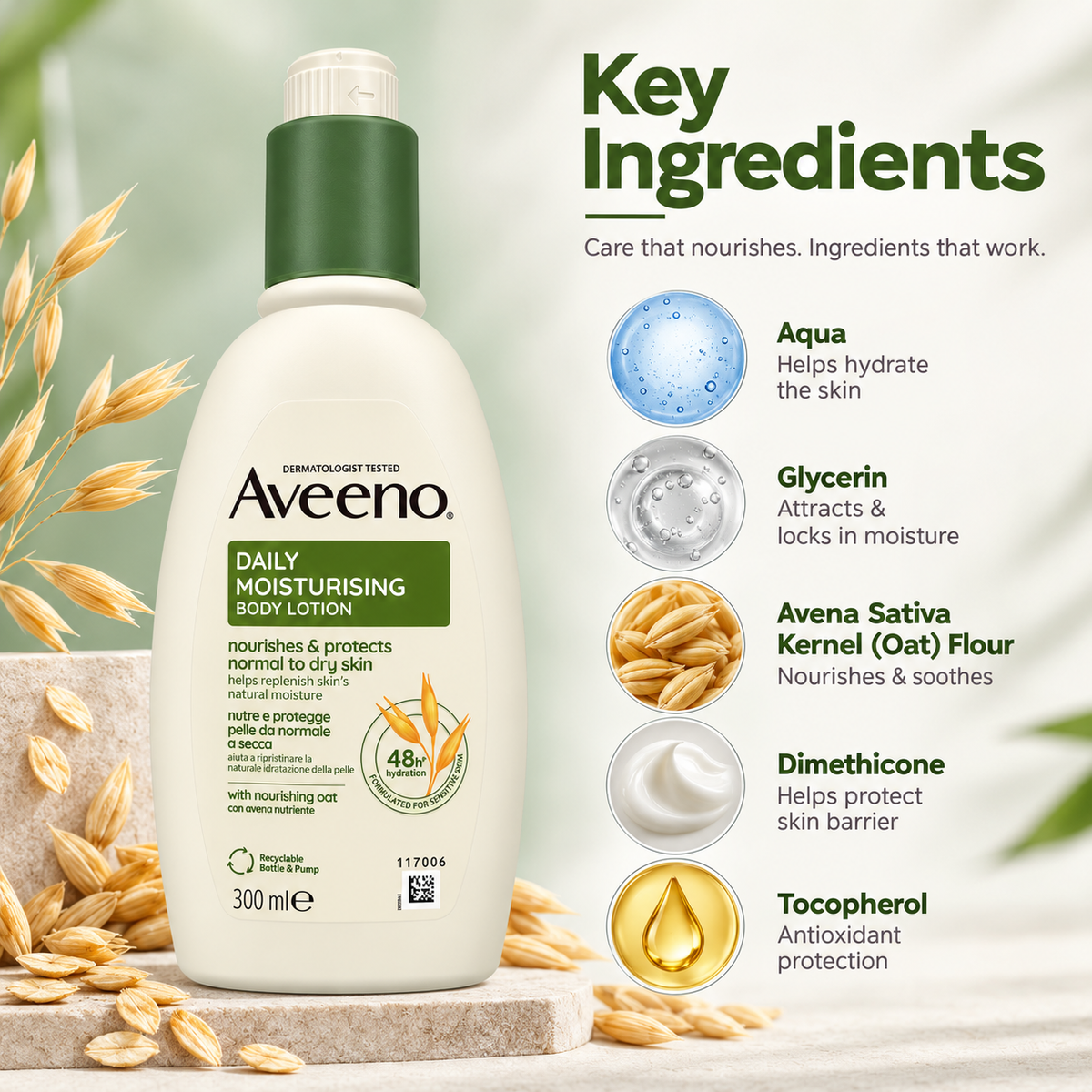 Aveeno Daily Moisturising Body Lotion 300ml, body lotion for normal to dry skin with 48-hour moisture and nourishing oat.