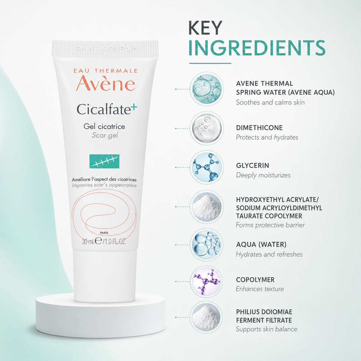 Avène Cicalfate+ Scar Gel 30ml for healed scar care, helping improve scar appearance and texture