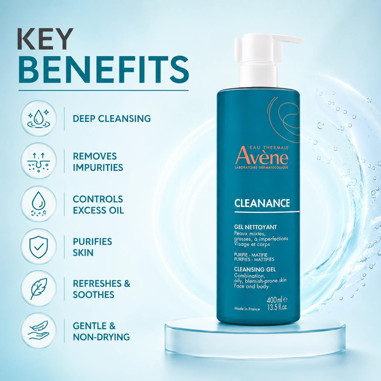 Avène Cleanance Cleansing Gel 400ml facial cleansing gel for oily and blemish-prone skin, helps remove excess oil and impurities.