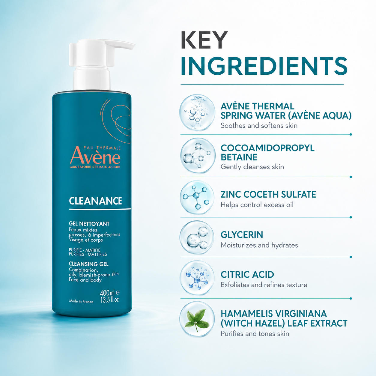 Avène Cleanance Cleansing Gel 400ml facial cleansing gel for oily and blemish-prone skin, helps remove excess oil and impurities.