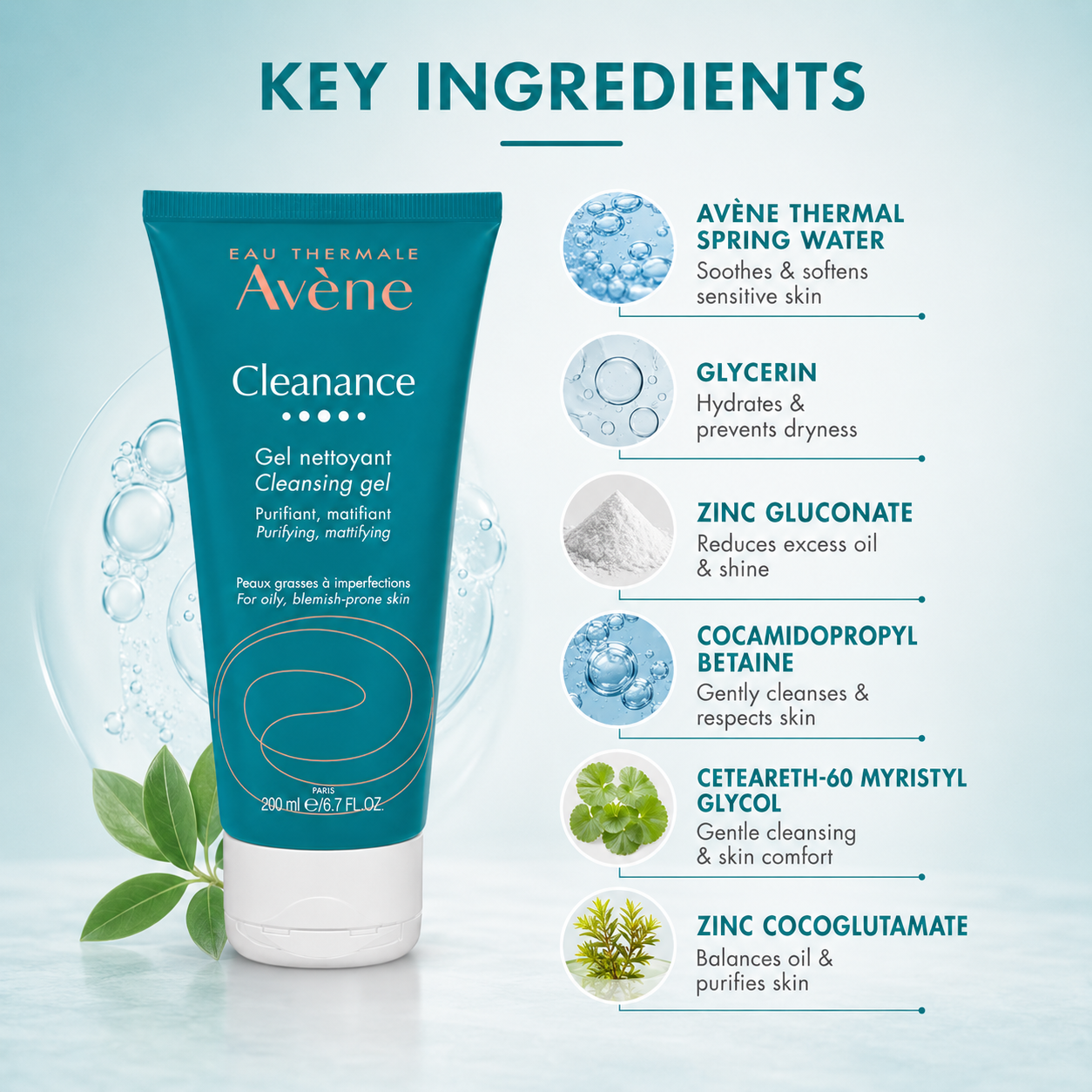 Avène Cleanance Cleansing Gel 200ml oil control face wash for oily and acne-prone skin, helping reduce excess shine and impurities.
