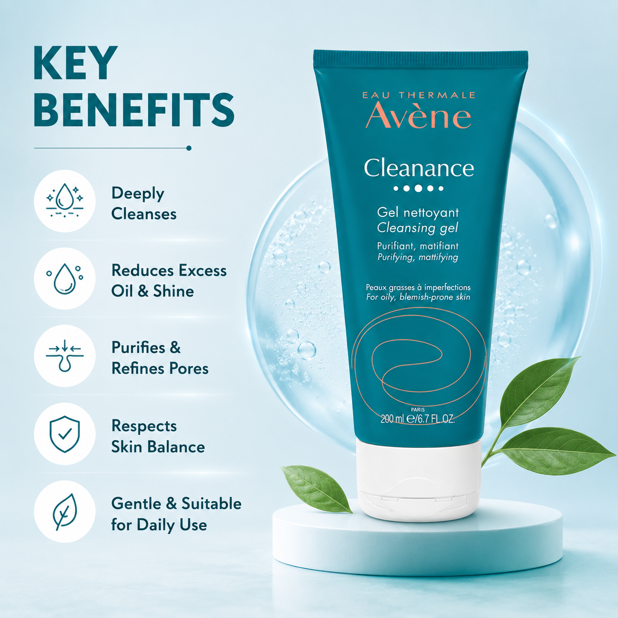 Avène Cleanance Cleansing Gel 200ml oil control face wash for oily and acne-prone skin, helping reduce excess shine and impurities.