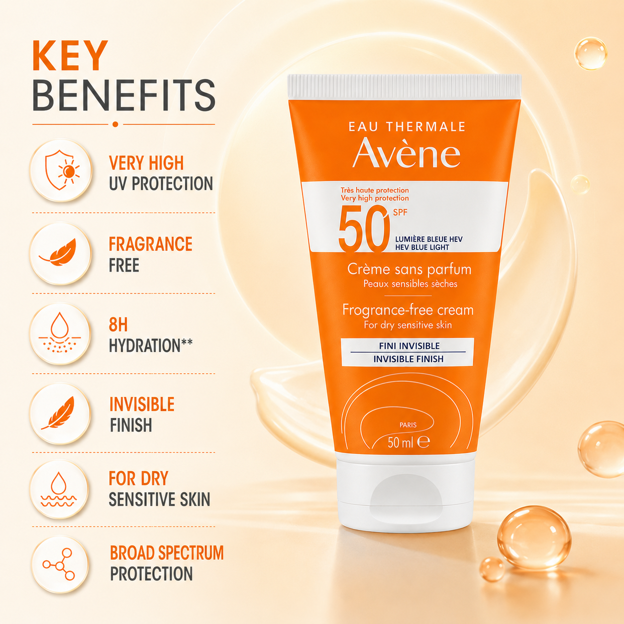 Avène Fragrance-Free Cream SPF 50+ Face Sunscreen Cream 50ml for dry sensitive skin with invisible finish and ultra-broad UV protection