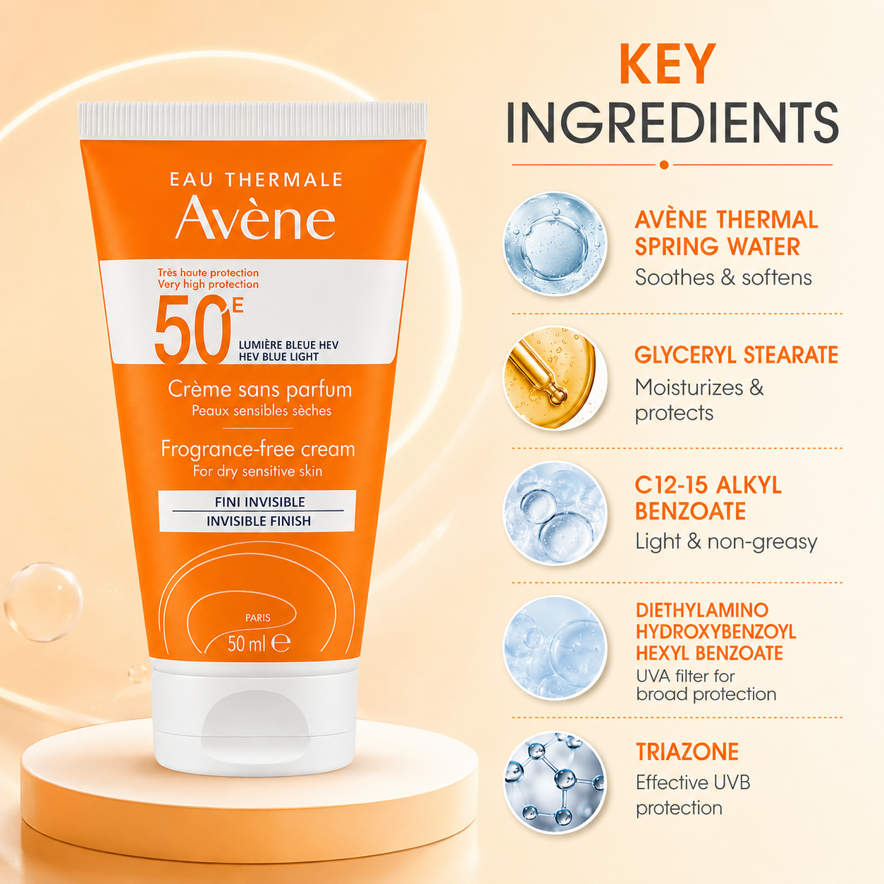 Avène Fragrance-Free Cream SPF 50+ Face Sunscreen Cream 50ml for dry sensitive skin with invisible finish and ultra-broad UV protection