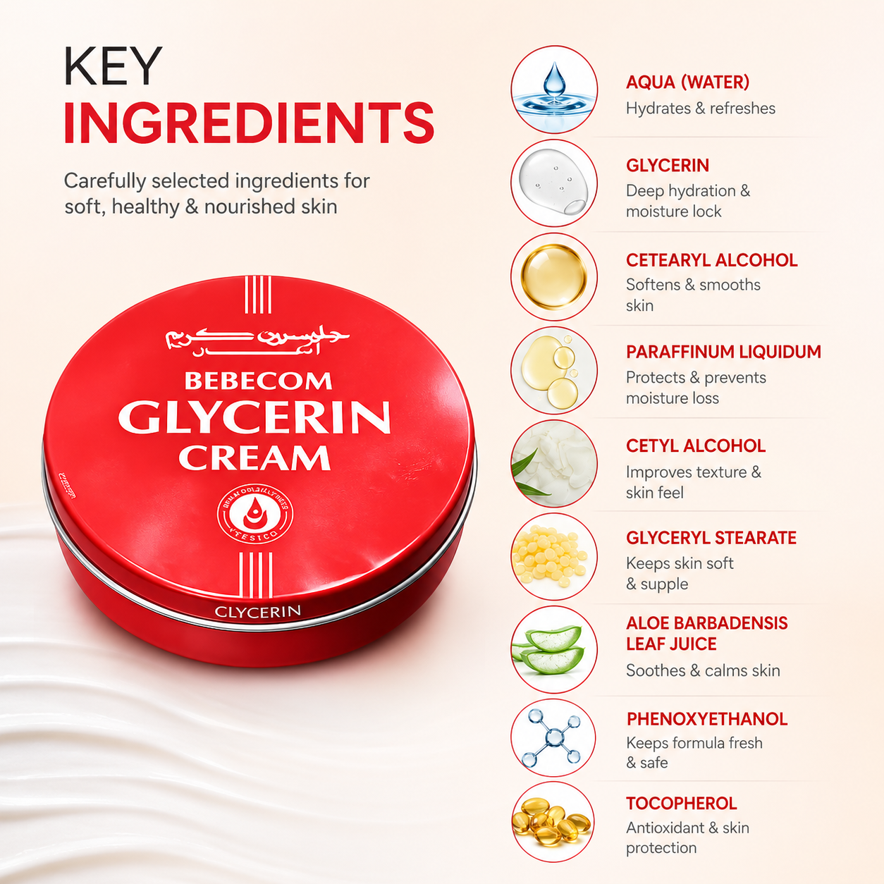 BEBECOM Glycerin Cream 125ml moisturizing cream in red tin packaging, providing deep hydration and care for dry, flaky skin.