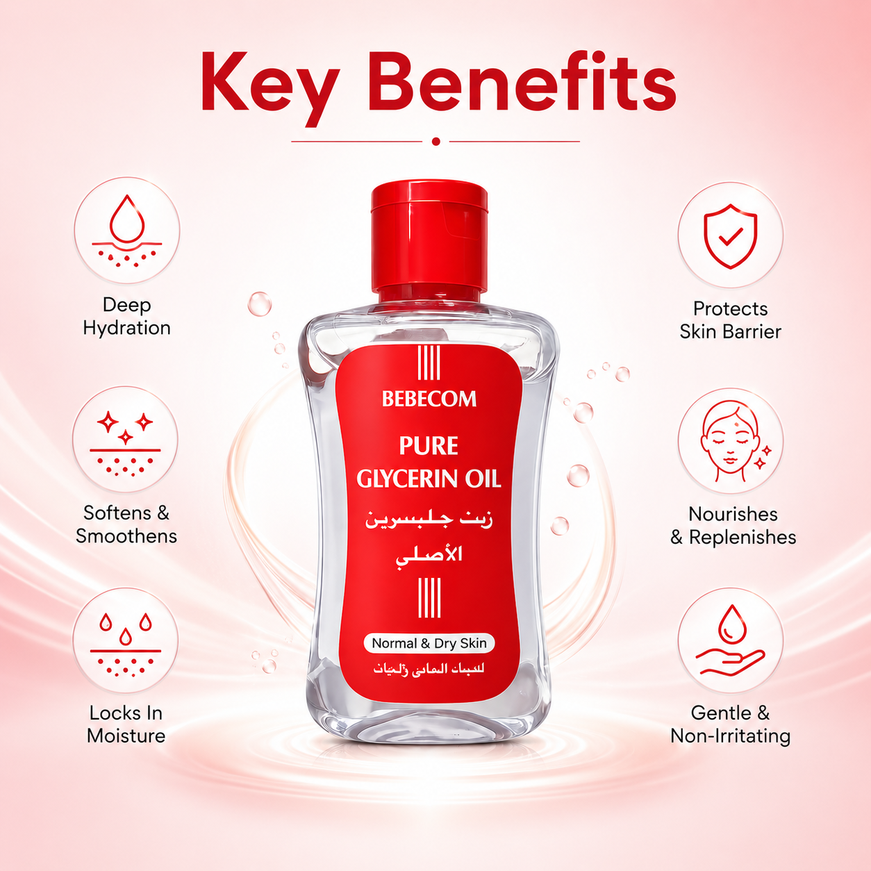 BEBECOM Pure Glycerin Oil Normal & Dry Skin 200ml glycerin body oil bottle providing deep hydration and moisture retention for dry skin.