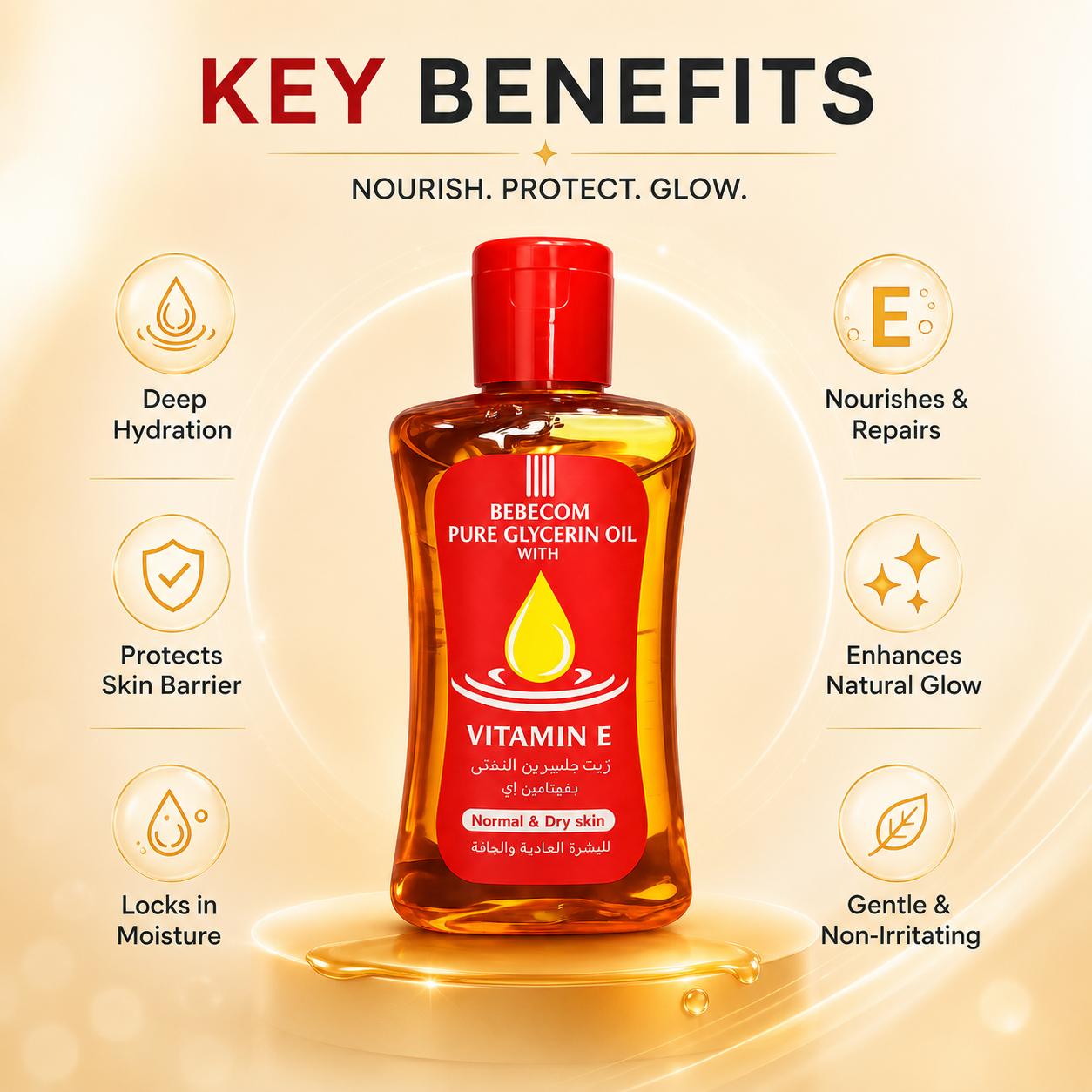 BEBECOM Pure Glycerin Oil With Vitamin E 100ml glycerin body oil for normal and dry skin providing deep hydration and moisture care.