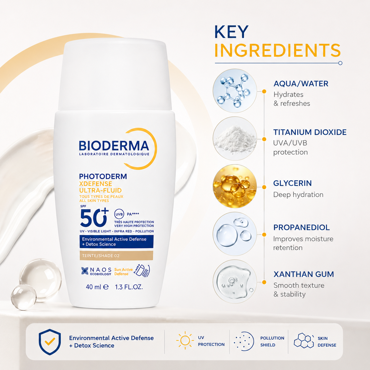 BIODERMA Photoderm XDefense Ultra-Fluid SPF 50+ PA++++ Shade 02 tinted face sunscreen 40ml with very high daily UV and pollution protection.