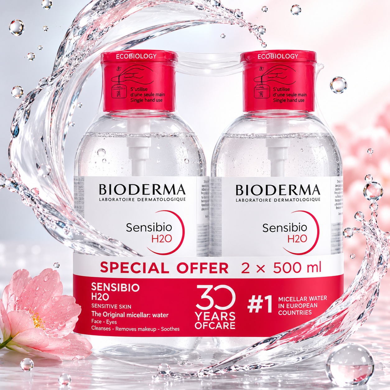 BIODERMA Sensibio H2O Micellar Cleansing Water Special Offer 1 + 1 (2 × 500ml) twin pack with pump for gentle makeup removal and sensitive skin cleansing