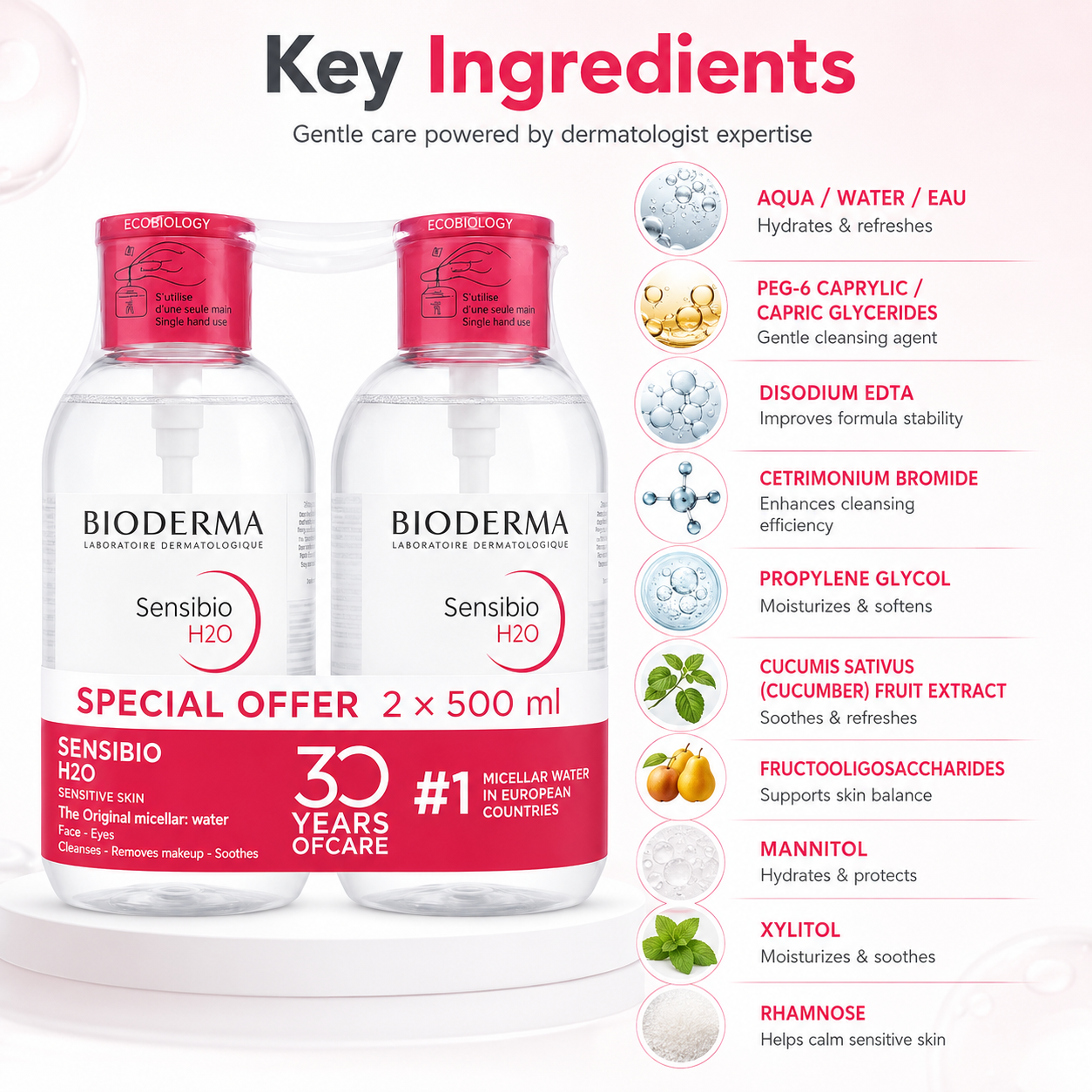 BIODERMA Sensibio H2O Micellar Cleansing Water Special Offer 1 + 1 (2 × 500ml) twin pack with pump for gentle makeup removal and sensitive skin cleansing