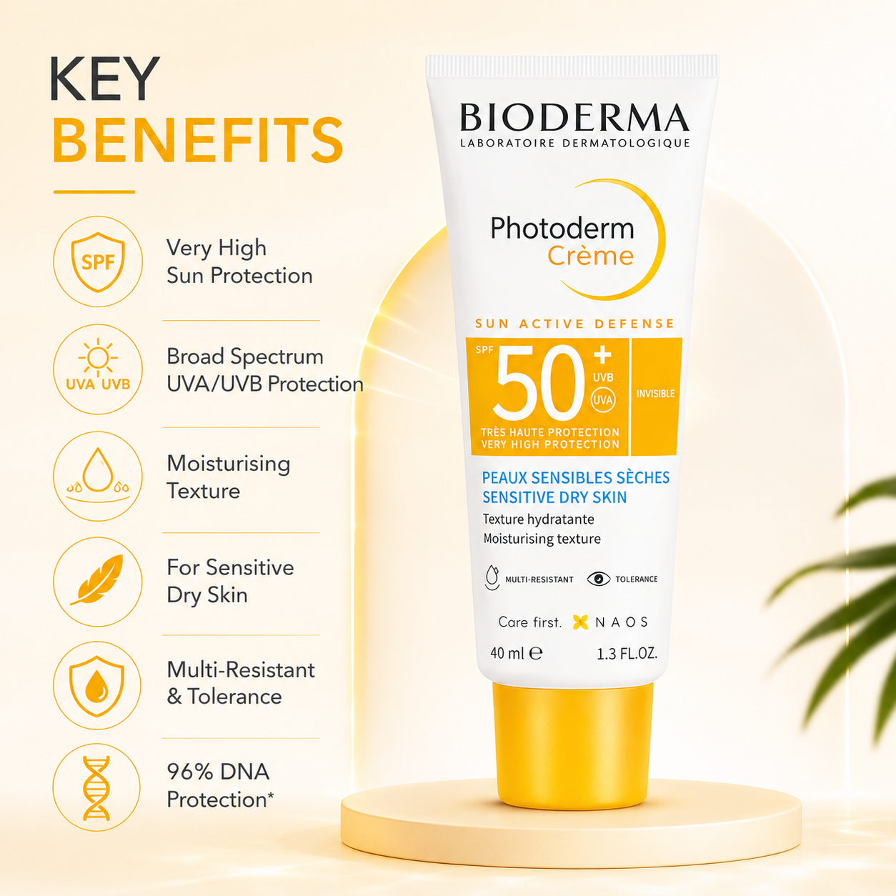 BIODERMA Photoderm Crème SPF 50+ Invisible sunscreen cream 40ml for sensitive dry skin with very high UVA and UVB protection.