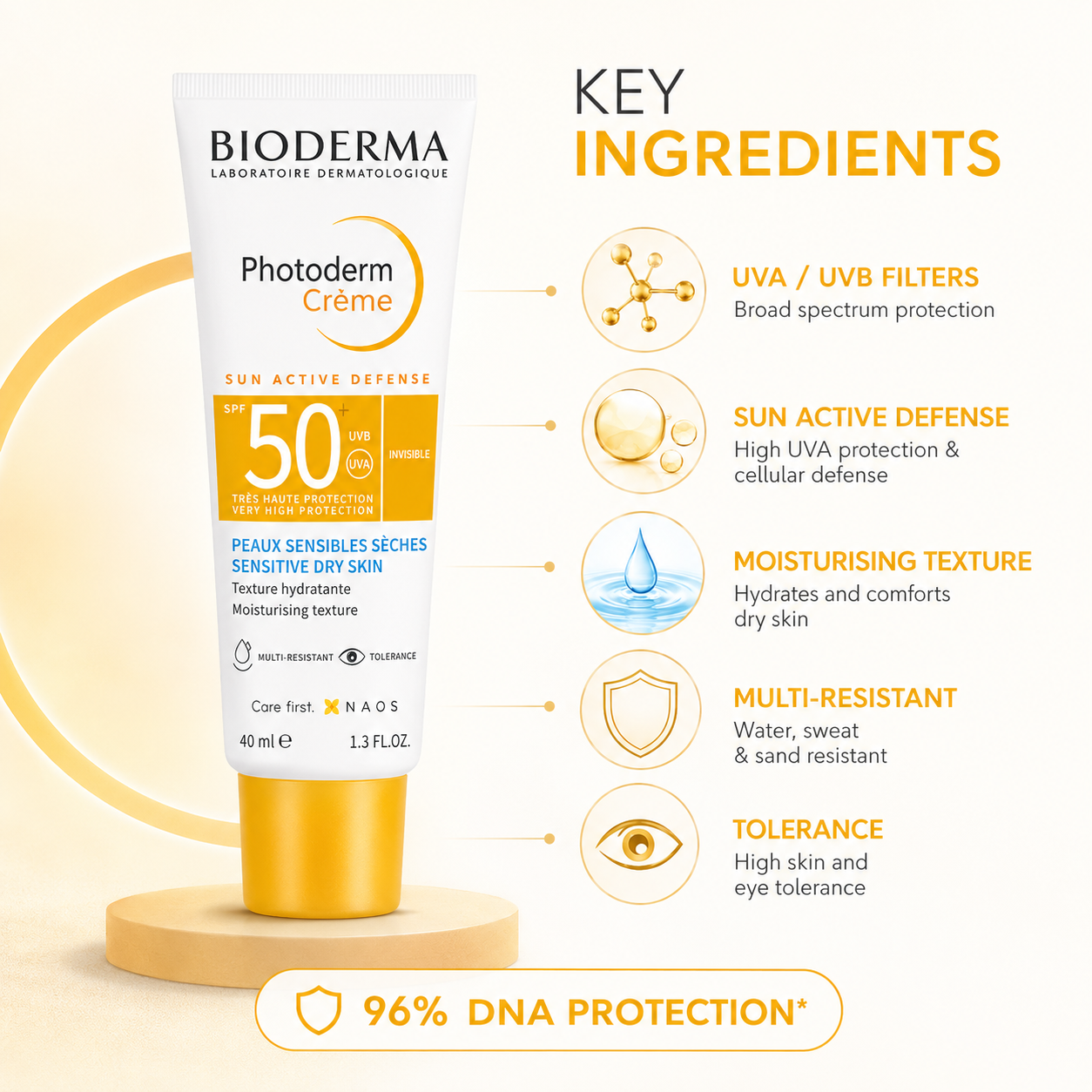 BIODERMA Photoderm Crème SPF 50+ Invisible sunscreen cream 40ml for sensitive dry skin with very high UVA and UVB protection.
