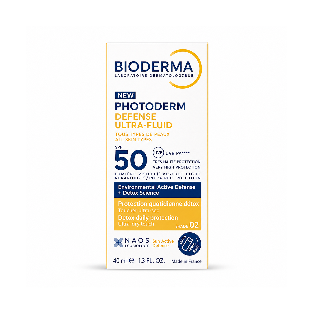 BIODERMA Photoderm XDefense Ultra-Fluid SPF 50+ PA++++ Shade 02 tinted face sunscreen 40ml with very high daily UV and pollution protection.