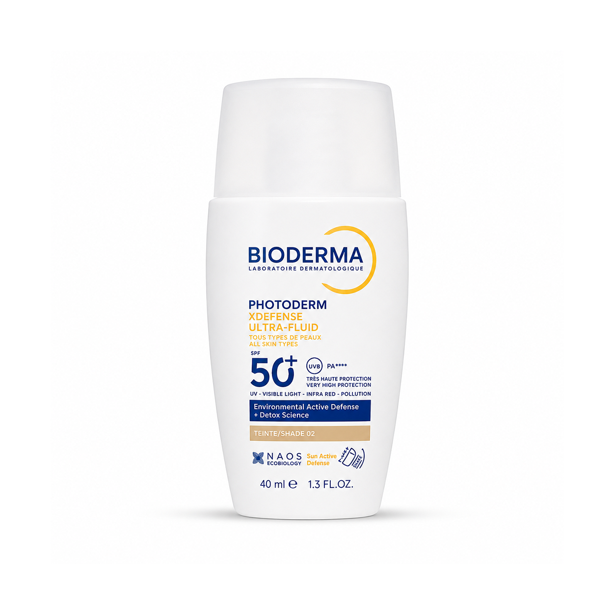 BIODERMA Photoderm XDefense Ultra-Fluid SPF 50+ PA++++ Shade 02 tinted face sunscreen 40ml with very high daily UV and pollution protection.