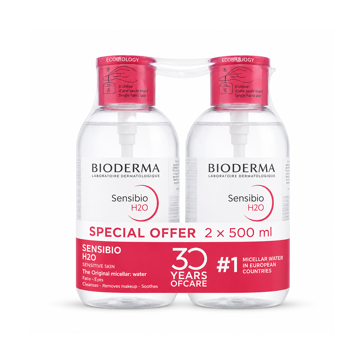 BIODERMA Sensibio H2O Micellar Cleansing Water Special Offer 1 + 1 (2 × 500ml) twin pack with pump for gentle makeup removal and sensitive skin cleansing