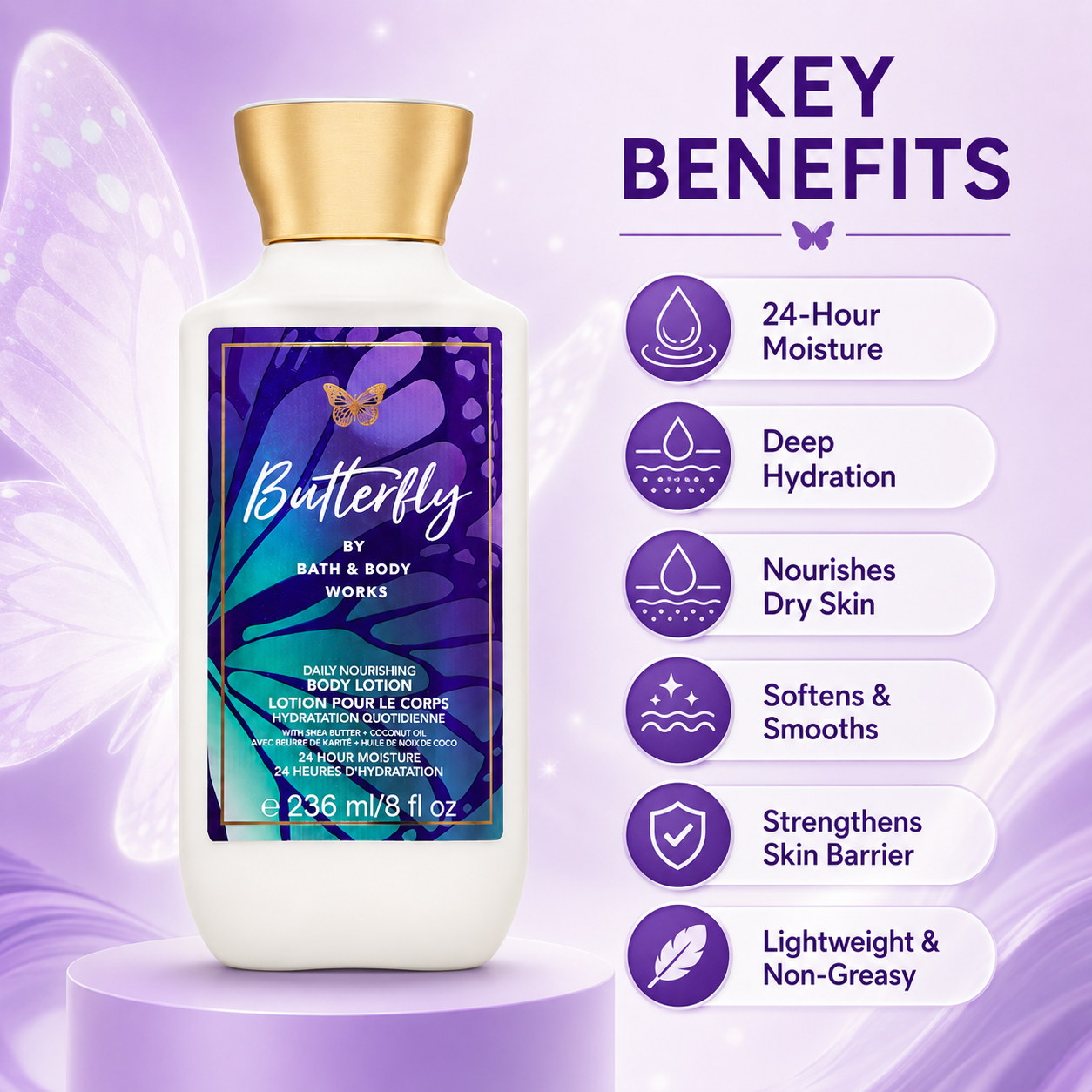 Bath & Body Works Butterfly Daily Nourishing Body Lotion 236ml body lotion with shea butter and coconut oil for long-lasting hydration and softer skin.