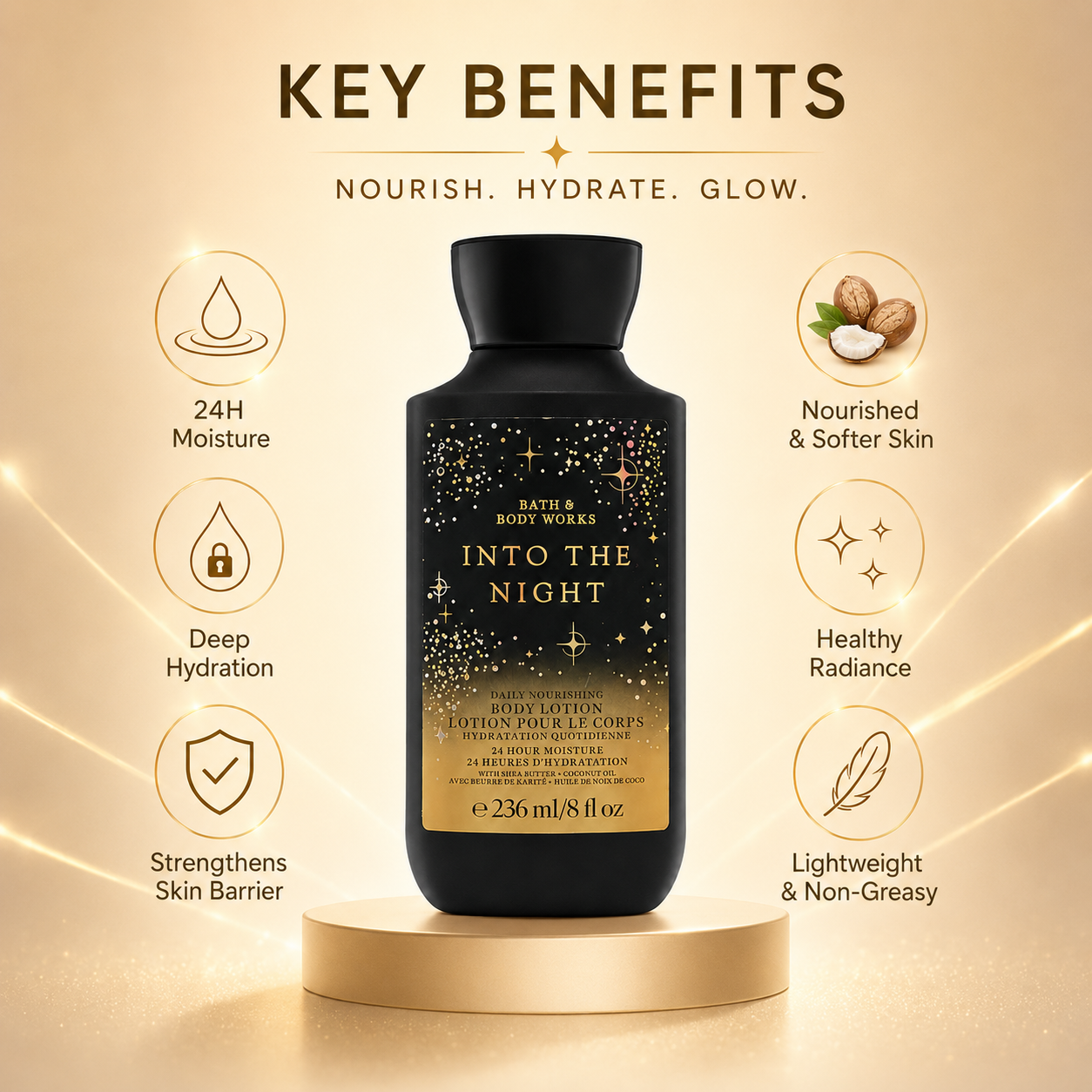 Bath & Body Works Into The Night Daily Nourishing Body Lotion 236ml body lotion with shea butter for long-lasting hydration and softer skin.