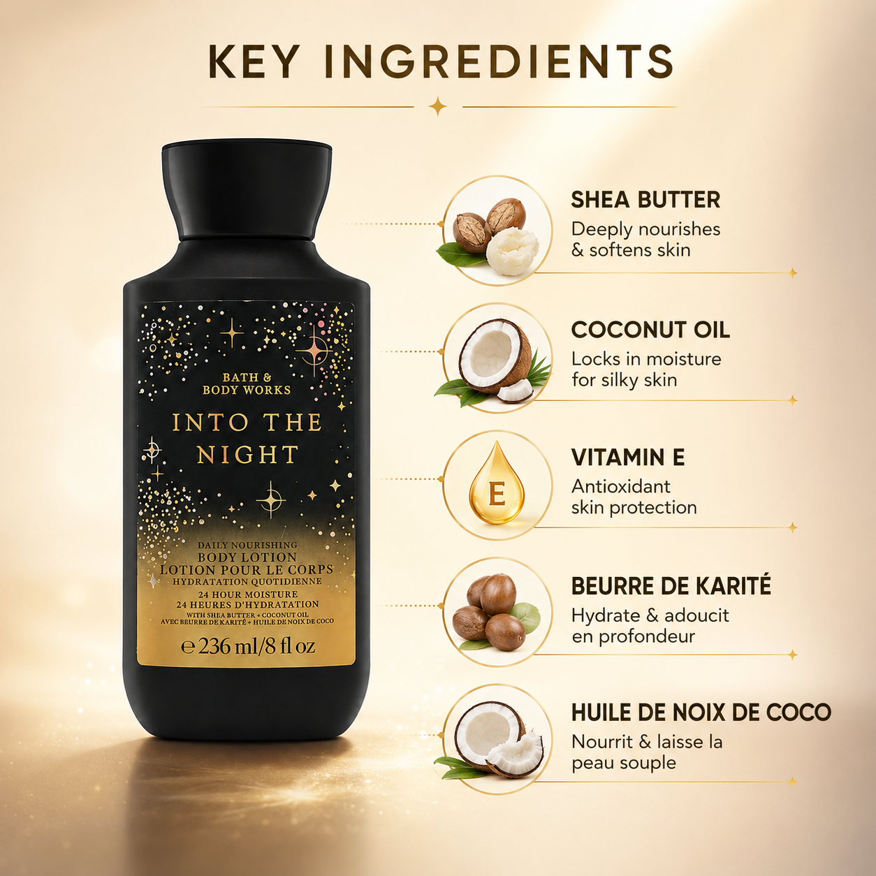 Bath & Body Works Into The Night Daily Nourishing Body Lotion 236ml body lotion with shea butter for long-lasting hydration and softer skin.