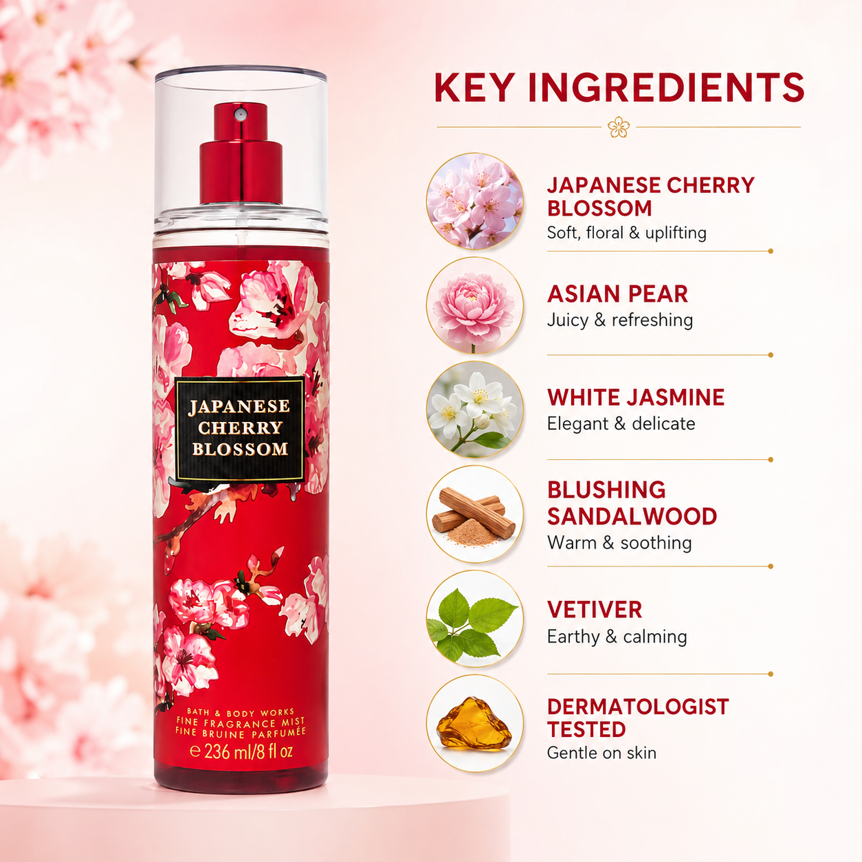 Bath & Body Works Japanese Cherry Blossom Fine Fragrance Mist 236ml body mist with floral fragrance notes for everyday freshness and long-lasting scent.