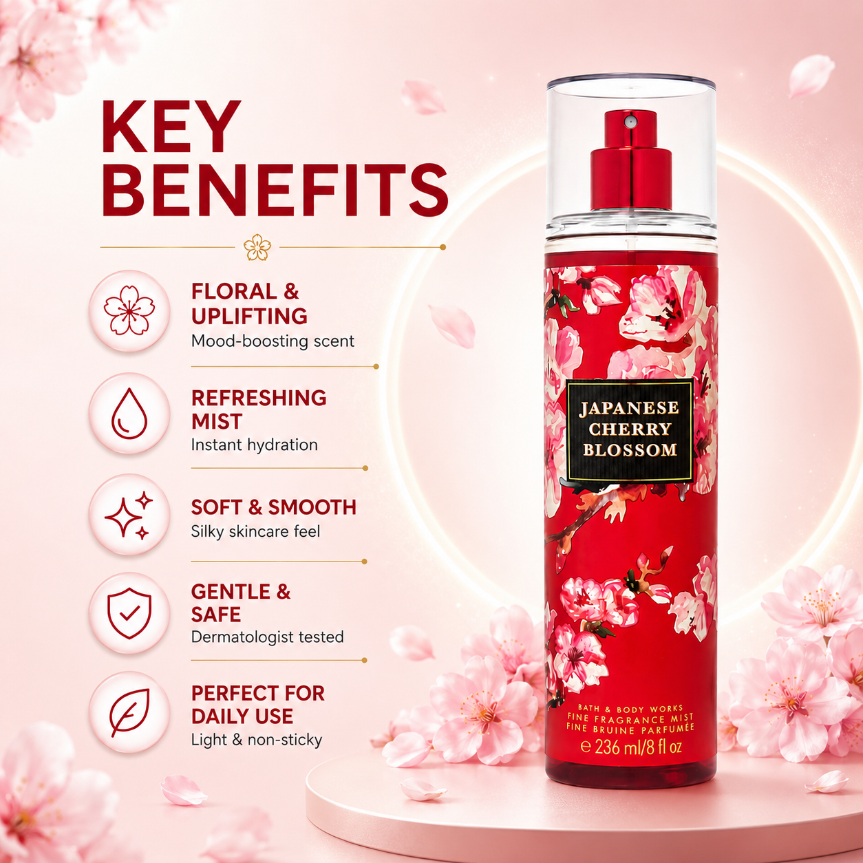 Bath & Body Works Japanese Cherry Blossom Fine Fragrance Mist 236ml body mist with floral fragrance notes for everyday freshness and long-lasting scent.