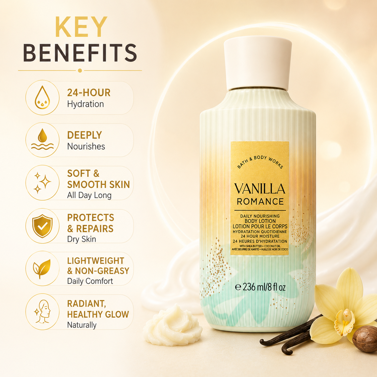 Bath & Body Works Vanilla Romance Daily Nourishing Body Lotion 236ml body lotion with shea butter and coconut oil for long-lasting hydration and soft skin.