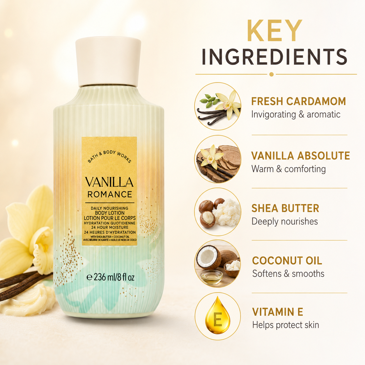 Bath & Body Works Vanilla Romance Daily Nourishing Body Lotion 236ml body lotion with shea butter and coconut oil for long-lasting hydration and soft skin.