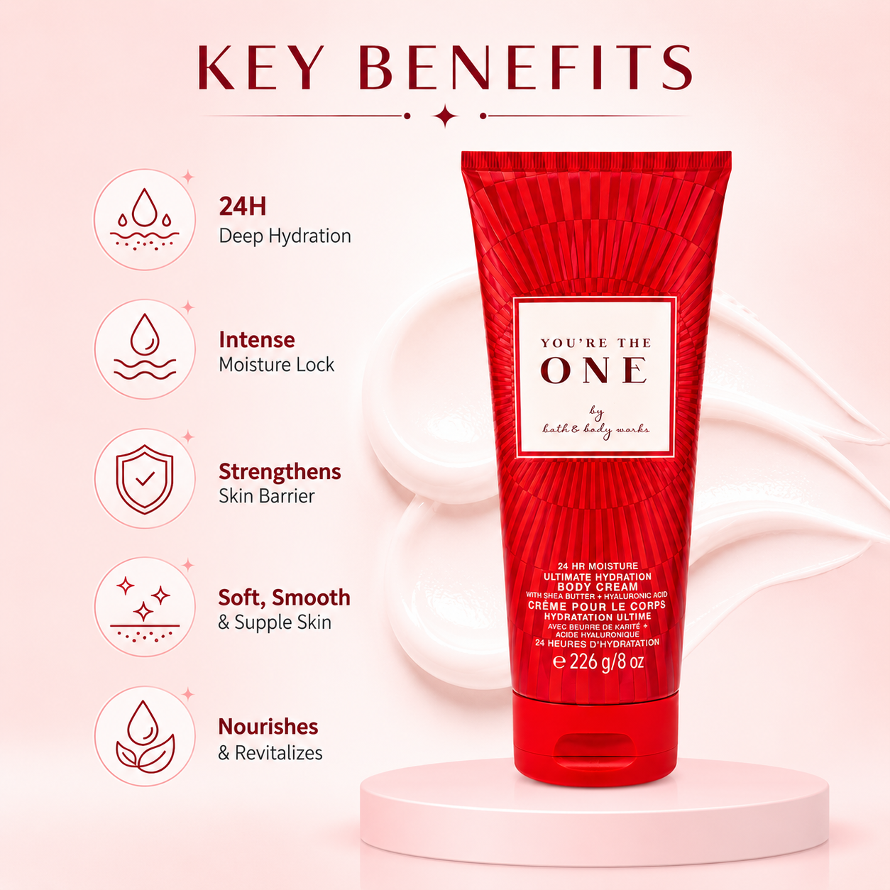 Bath & Body Works You're The One Ultimate Hydration Body Cream 226g, nourishing body cream with shea butter and hyaluronic acid for dry skin hydration.
