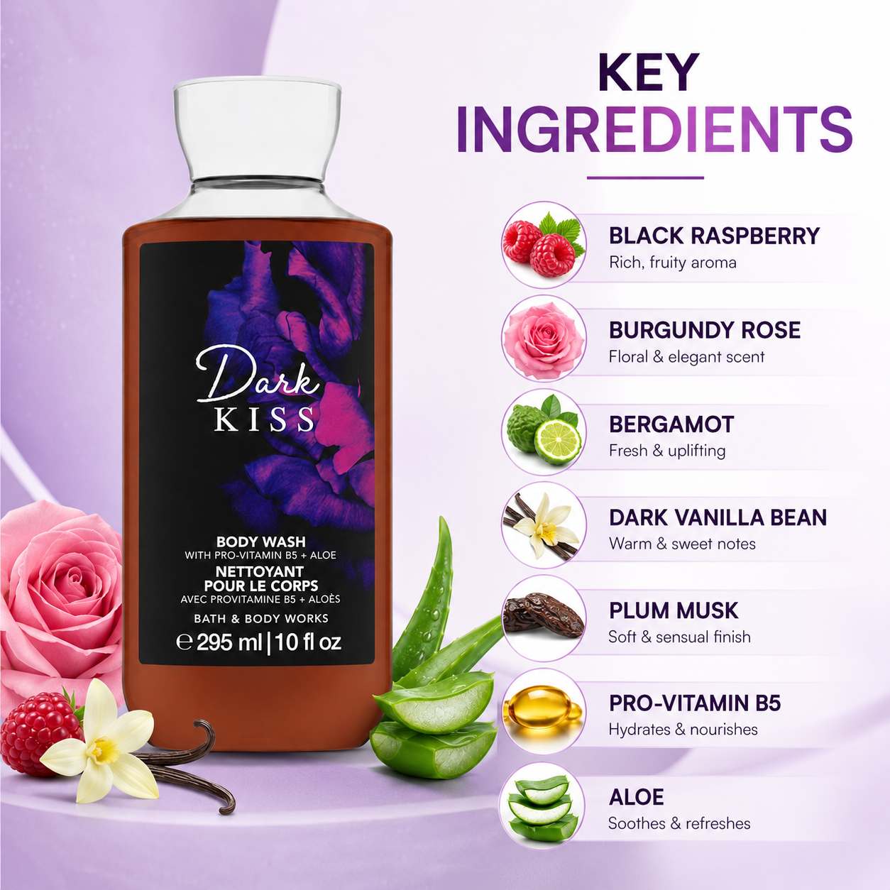 Bath & Body Works Dark Kiss Body Wash 295ml fragranced body wash with Pro-Vitamin B5 and Aloe for soft, refreshed skin.