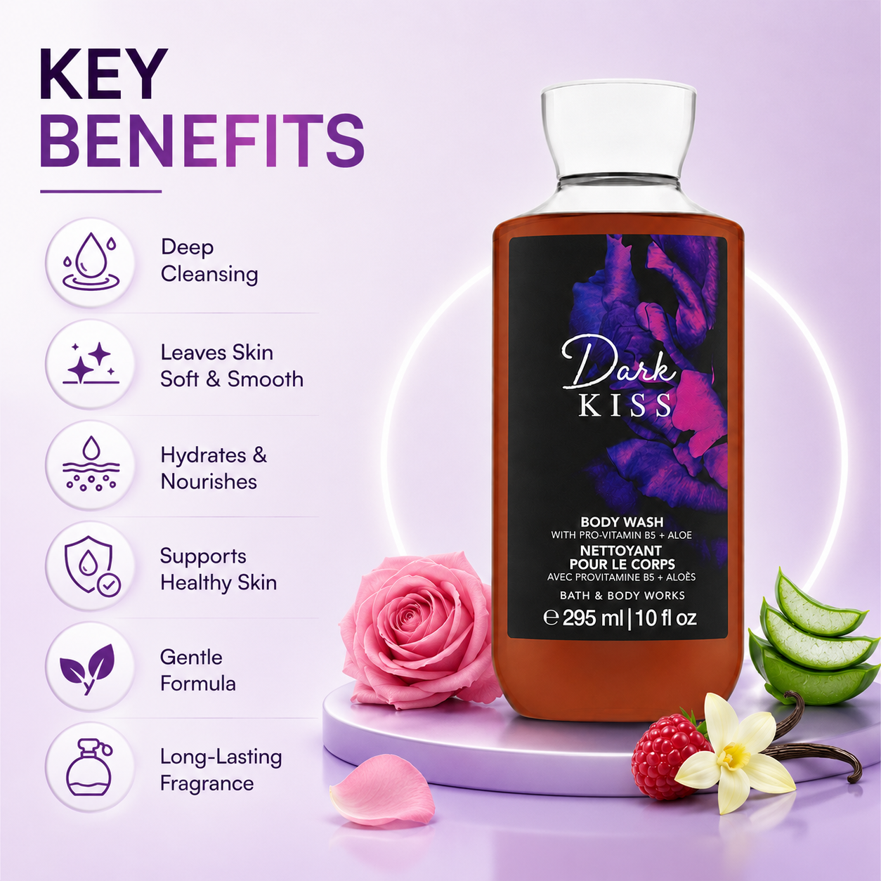 Bath & Body Works Dark Kiss Body Wash 295ml fragranced body wash with Pro-Vitamin B5 and Aloe for soft, refreshed skin.