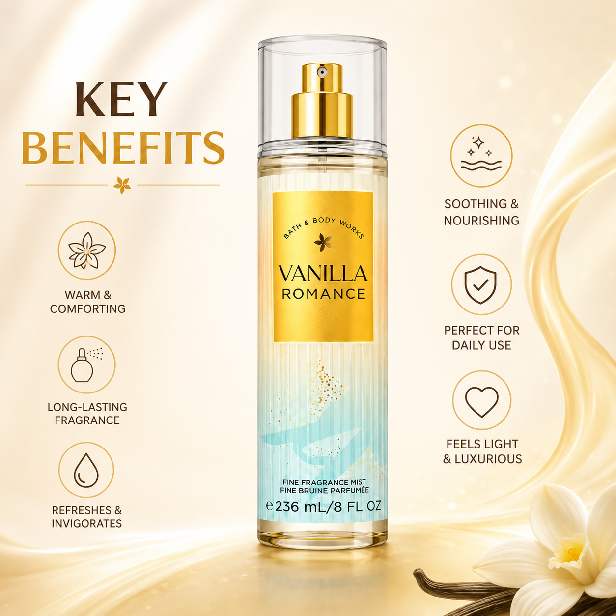 Bath & Body Works Vanilla Romance Fine Fragrance Mist 236ml body mist with warm vanilla fragrance for everyday freshness and daily wear.