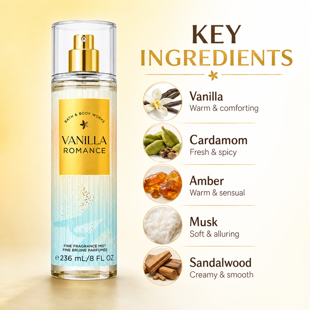Bath & Body Works Vanilla Romance Fine Fragrance Mist 236ml body mist with warm vanilla fragrance for everyday freshness and daily wear.