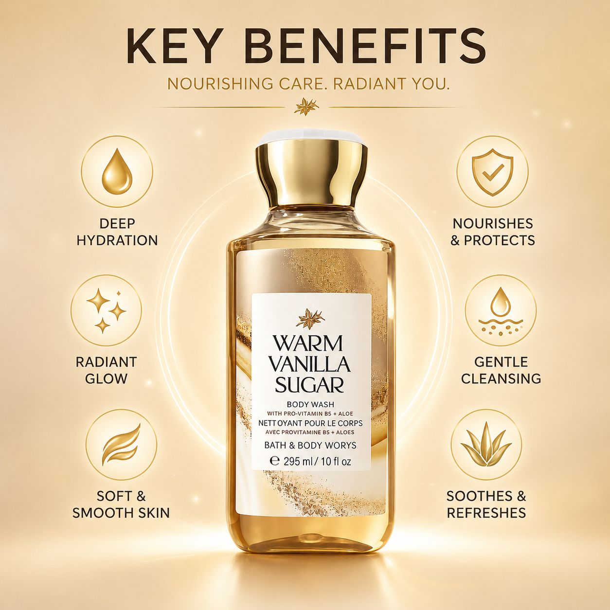Bath & Body Works Warm Vanilla Sugar Body Wash 295ml with Pro-Vitamin B5 and Aloe, nourishing body wash for soft, smooth skin.