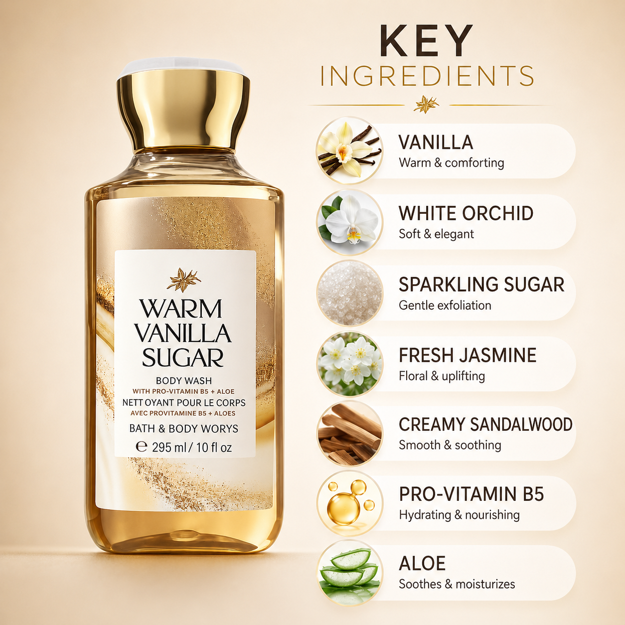 Bath & Body Works Warm Vanilla Sugar Body Wash 295ml with Pro-Vitamin B5 and Aloe, nourishing body wash for soft, smooth skin.
