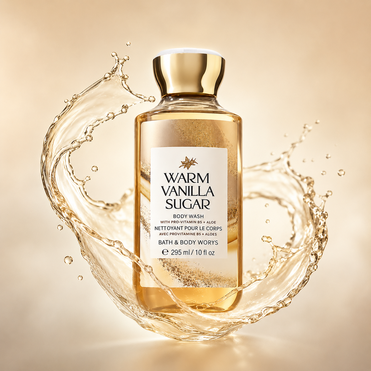 Bath & Body Works Warm Vanilla Sugar Body Wash 295ml with Pro-Vitamin B5 and Aloe, nourishing body wash for soft, smooth skin.
