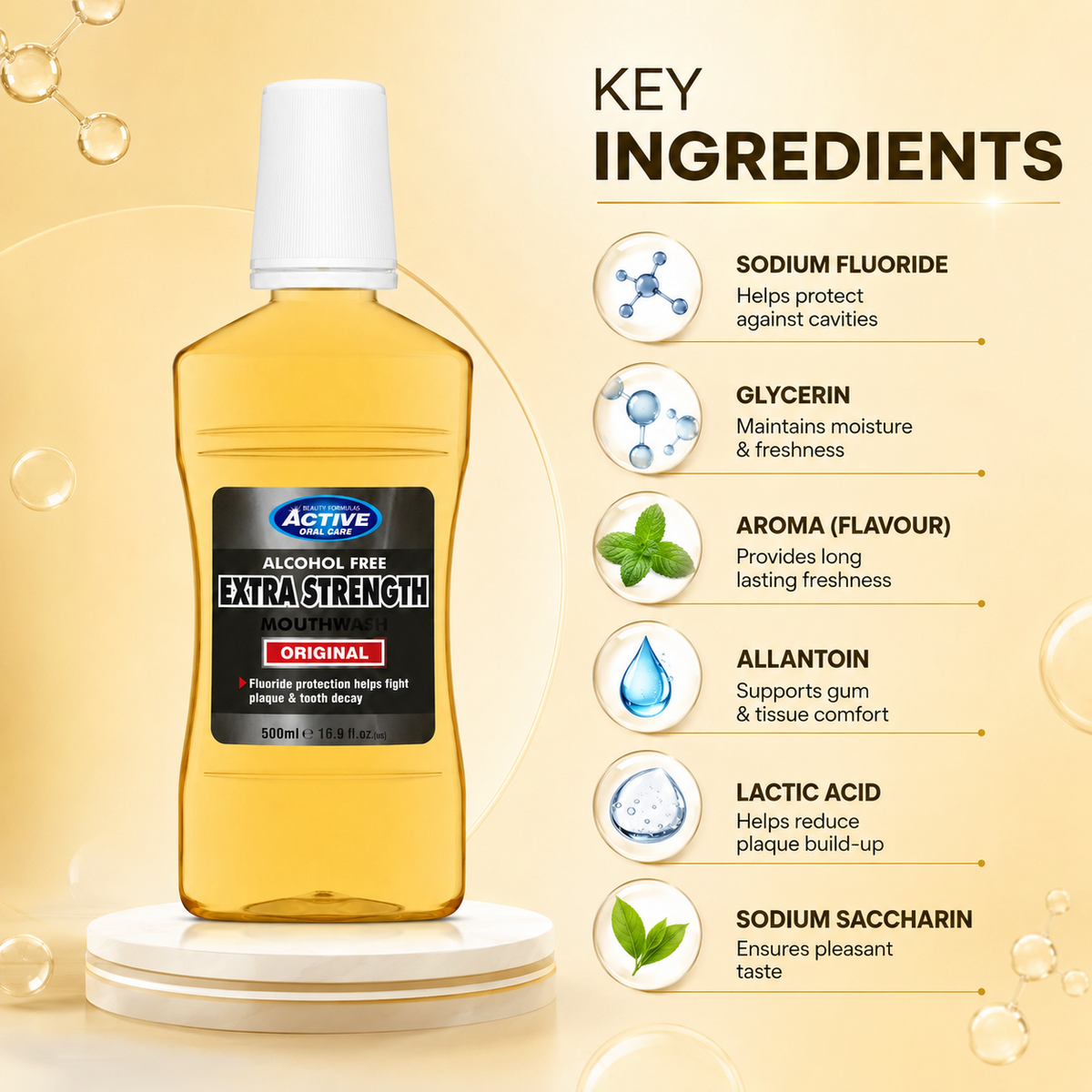 Beauty Formulas Active Oral Care Original Extra Strength Alcohol Free Mouthwash 500ml for plaque and tooth decay protection