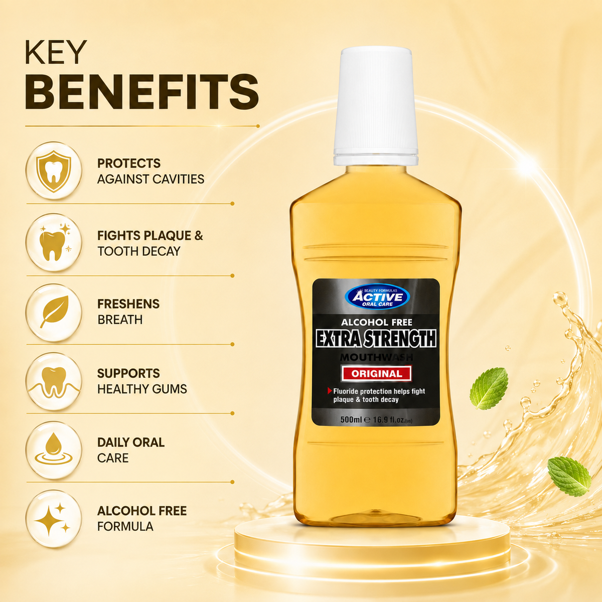 Beauty Formulas Active Oral Care Original Extra Strength Alcohol Free Mouthwash 500ml for plaque and tooth decay protection