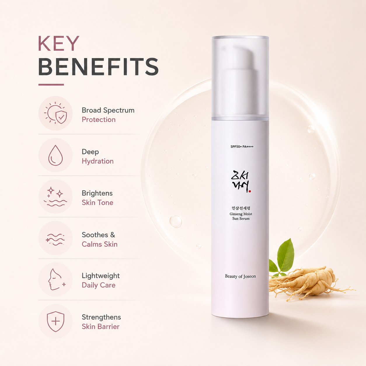 Beauty of Joseon Ginseng Moist Sun Serum SPF50+ PA++++ 50ml sunscreen serum with hydrating ginseng extract for daily UV protection