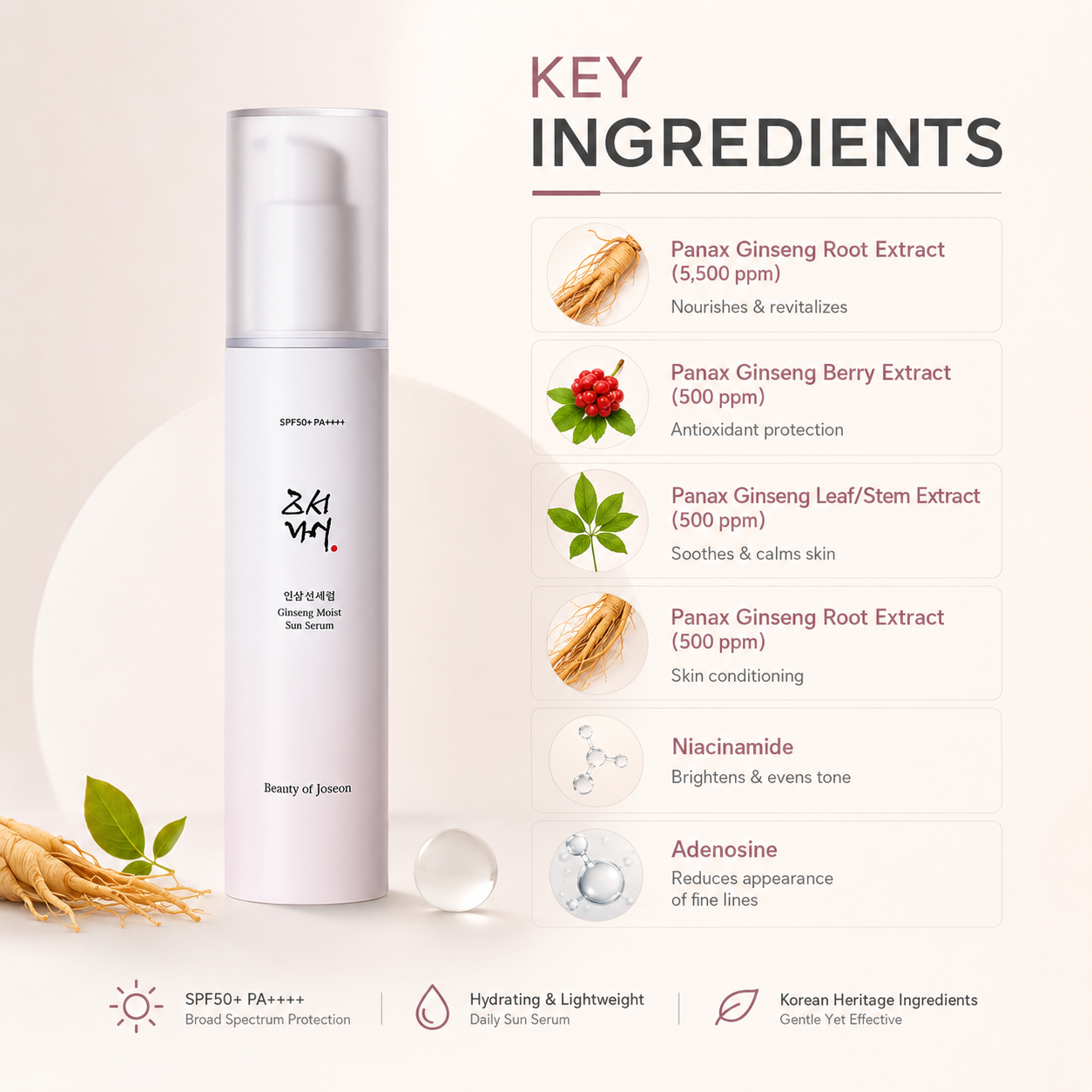 Beauty of Joseon Ginseng Moist Sun Serum SPF50+ PA++++ 50ml sunscreen serum with hydrating ginseng extract for daily UV protection